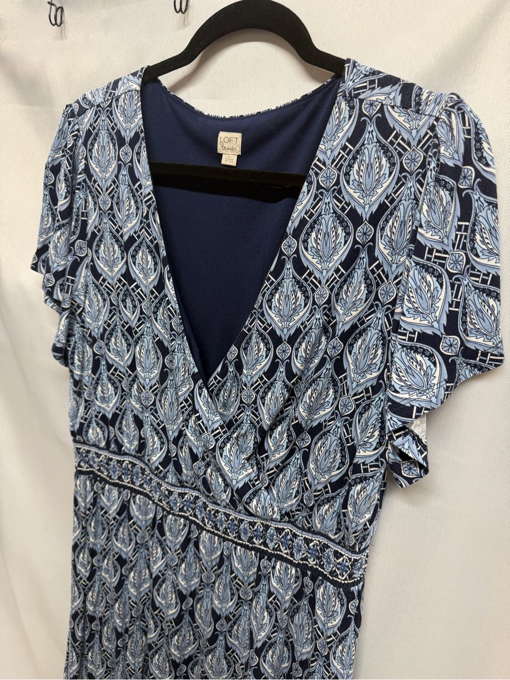 LOFT Beach Blue Paisley Maxi Dress Wrap Empire Waist Boho Short Sleeve Large - Picture 3 of 7